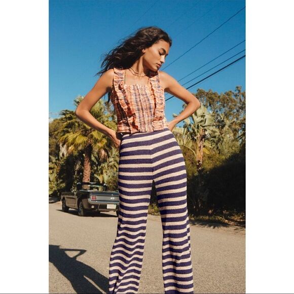 NEW Anthropologie Flat White Navy Striped Knit Semi-Sheer Pull-On Pants Small - Picture 1 of 6